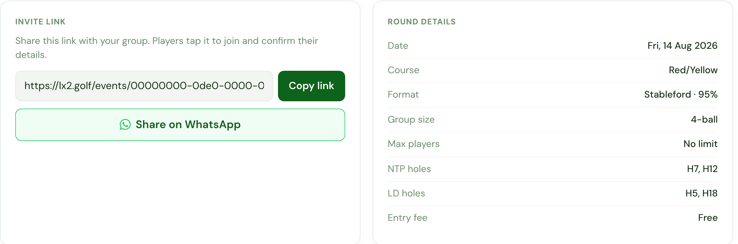 LX2 organiser screen showing the invite link, round details and group generation